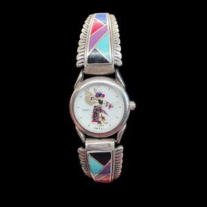 Native Sterling Silver Inlay Multi Gemstone Watch & Tips WORKS Adjustable Band